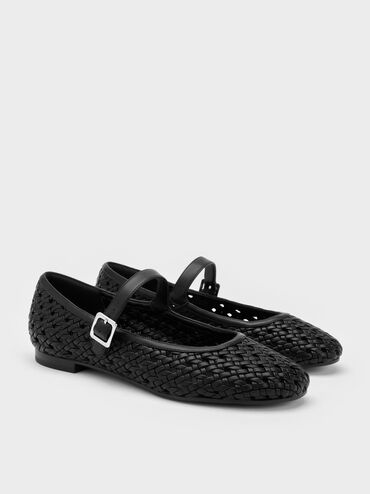 Woven Mary Jane Flats, Black, hi-res