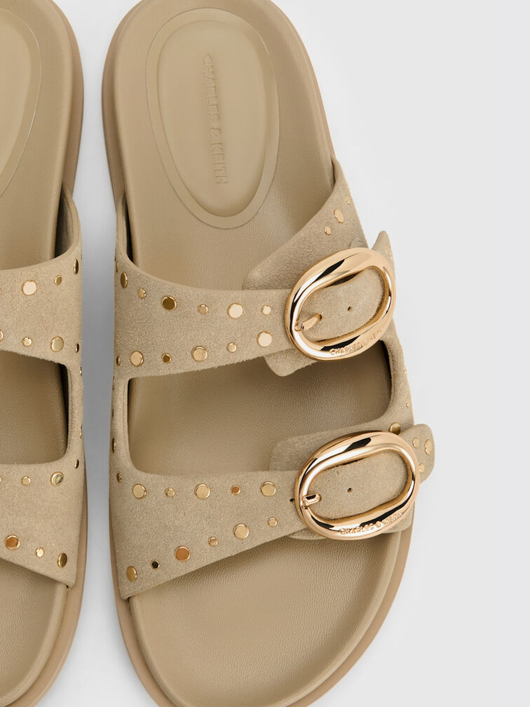 Studded Buckled Double-Strap Slides, Beige, hi-res
