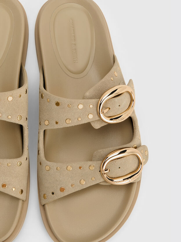 Studded Buckled Double-Strap Slides, Beige, hi-res