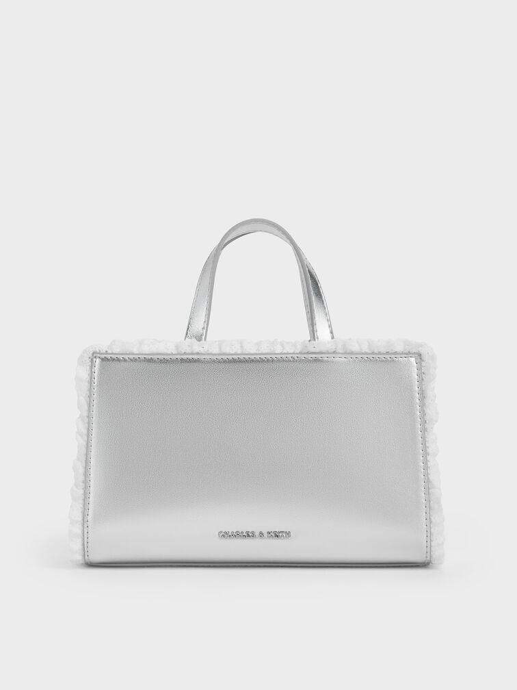 Raina Metallic Lace-Trim Tote Bag, Silver, hi-res