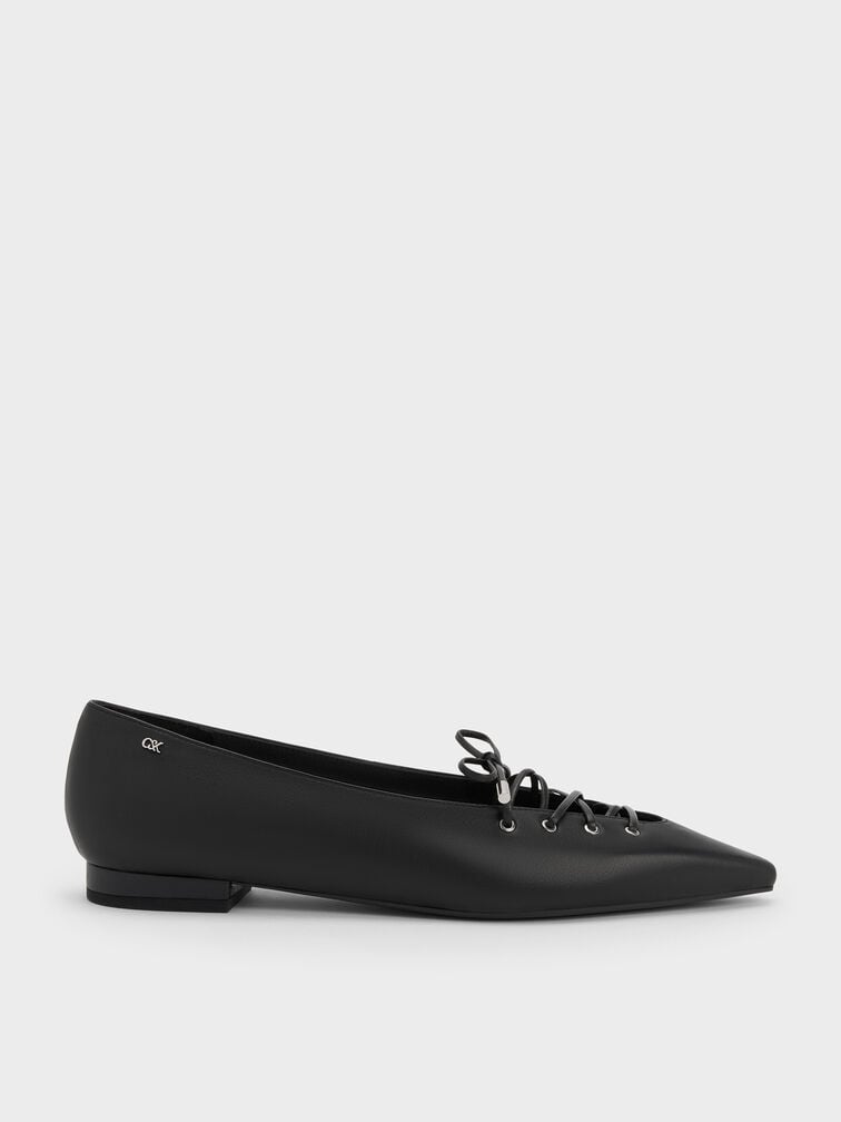 Jianna Leather Lace-Tie Flats, Black, hi-res