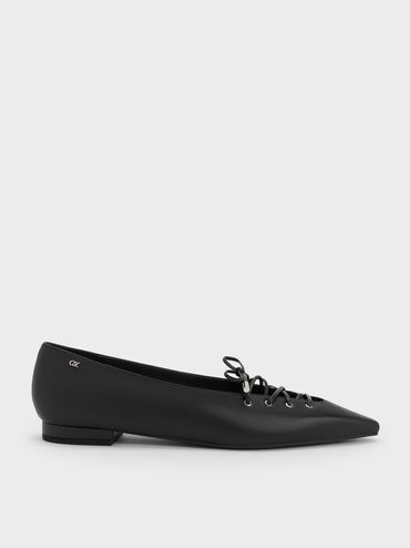 Jianna Leather Lace-Tie Flats, Black, hi-res