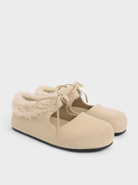 Emila Faux Suede Fur-Trim Mary Jane Flats, Chalk, hi-res