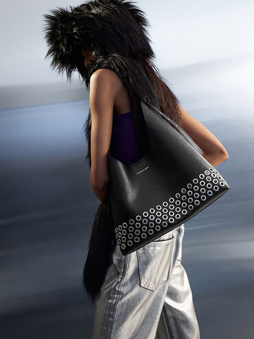 Liv Grommet Hobo Bag, Noir, hi-res