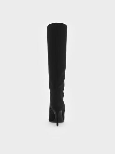 Faux Suede Pointed Stiletto Knee-High Boots, Black Textured, hi-res