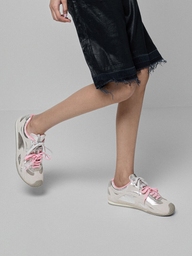 Metallic Leather & Suede Double-Lace Sneakers, Silver, hi-res