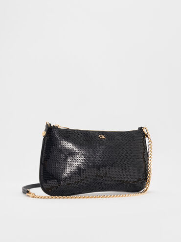 Sequin Mesh & Leather Shoulder Bag, Black, hi-res