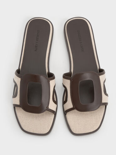 Easley Linen Cut-Out Slide Sandals, Dark Brown, hi-res