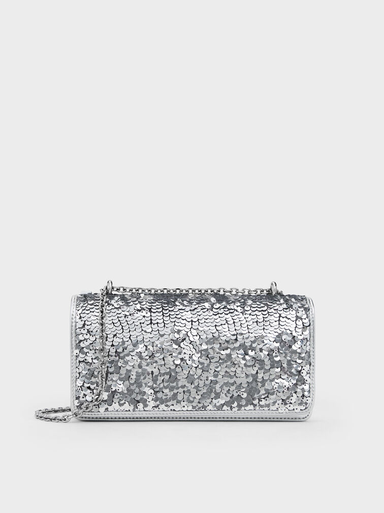 Paffuto Sequinned Wallet On Chain, Silver, hi-res