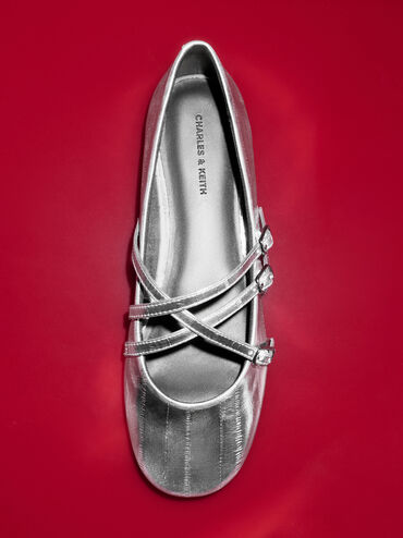 Metallic Triple-Strap Crossover Mary Jane Flats, Silver, hi-res