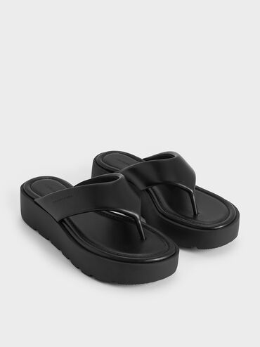 V-Strap Flatform Thong Sandals, Black, hi-res