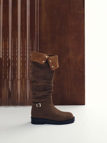 Ellis Faux Suede Ruched Buckled Fold-Over Thigh-High Boots, Dark Brown Textured, hi-res