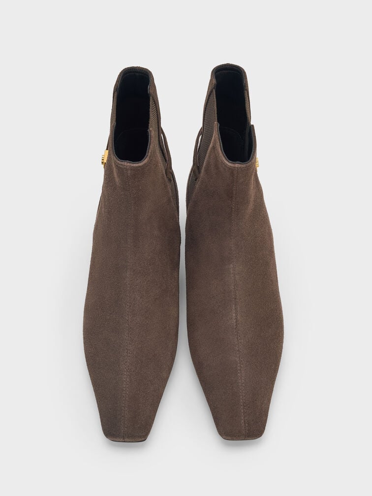 Georgina Suede Tapered Square-Toe Ankle Boots, Dark Brown Textured, hi-res