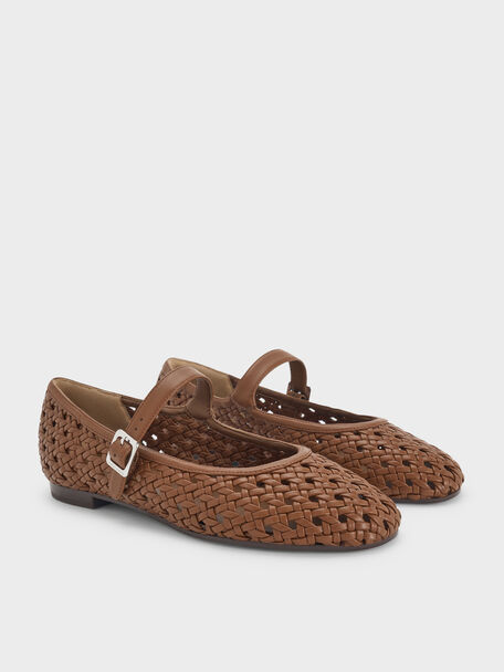 Woven Mary Jane Flats, Brown, hi-res