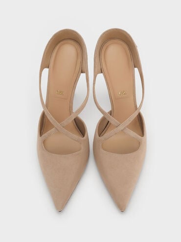 Kyra Suede Crossover-Strap Stiletto-Heel Mules, Taupe, hi-res
