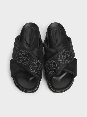 Satin Embroidered-Flower Crossover Sandals, Black Textured, hi-res