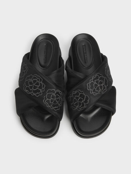 Satin Embroidered-Flower Crossover Sandals, Black Textured, hi-res