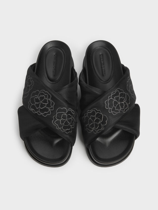 Satin Embroidered-Flower Crossover Sandals, Black Textured, hi-res