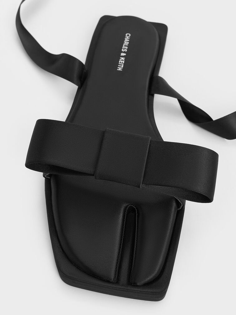 Satin Bow Tie-Around Flat Sandals, Black Textured, hi-res