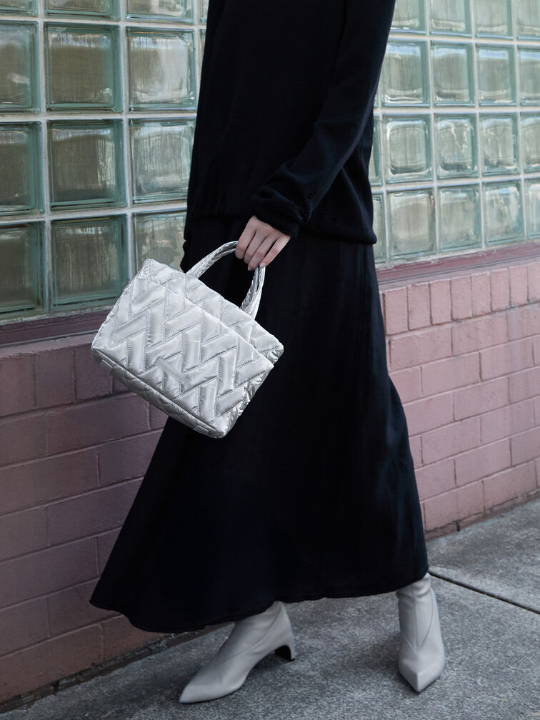 Nylon Chevron Boxy Tote Bag, Silver, hi-res