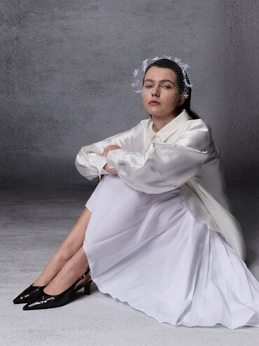 Sequin Mesh & Leather Slingback Kitten Heels, Black Textured, hi-res