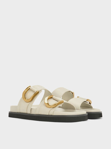 Gabine Gold-Buckle Leather Slides, Chalk, hi-res
