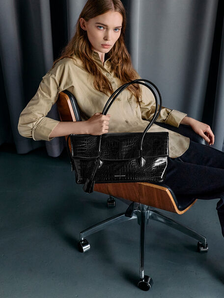 Aveline Croc-Effect Front-Flap Shoulder Bag, Black Croco, hi-res