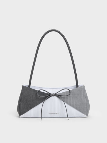Hazel Striped Bow Panelled Shoulder Bag, Grey, hi-res