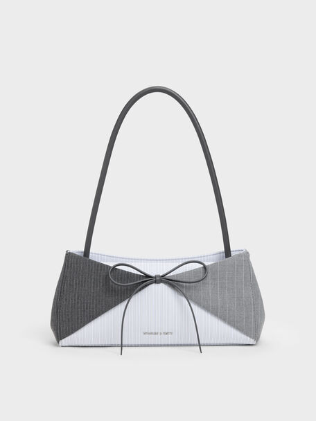 Hazel Striped Bow Panelled Shoulder Bag, Grey, hi-res