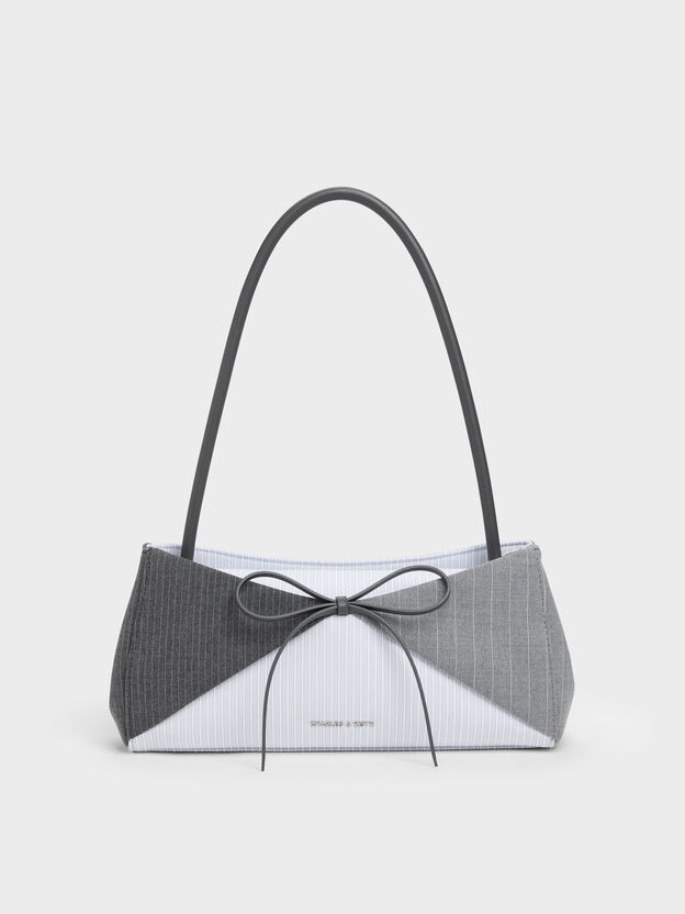 Hazel Striped Bow Panelled Shoulder Bag, Grey, hi-res