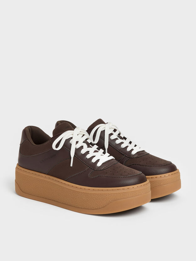 Faux Suede Platform Sneakers, Dark Brown Textured, hi-res