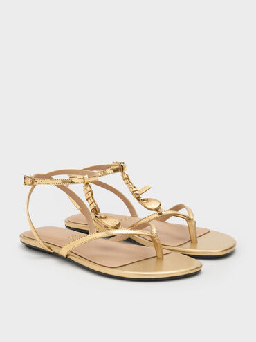Adema Metallic Leather Strappy Thong Sandals, Gold, hi-res