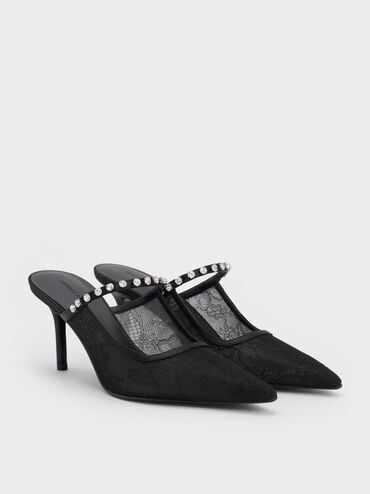 Lace & Satin Crystal Heeled Mules, Black Textured, hi-res