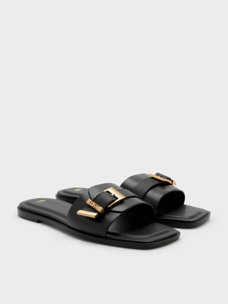 Whitney Leather Slide Sandals, Black, hi-res