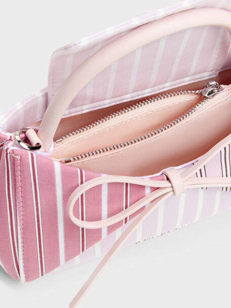 Hazel Striped Bow Panelled Top Handle Bag, Light Pink, hi-res