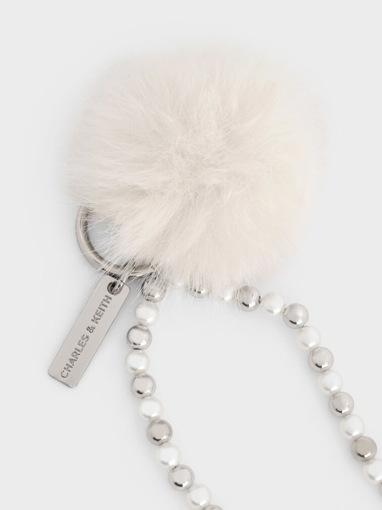 Pearl Beaded-Strap Furry Ball Charm, Cream, hi-res