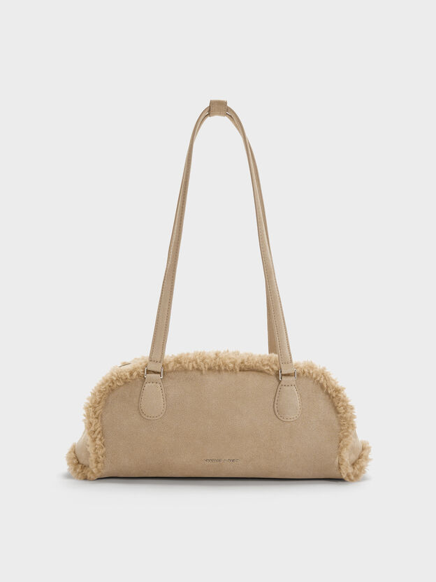 Nelly Faux Shearling Elongated Shoulder Bag, Nutmeg Beige, hi-res