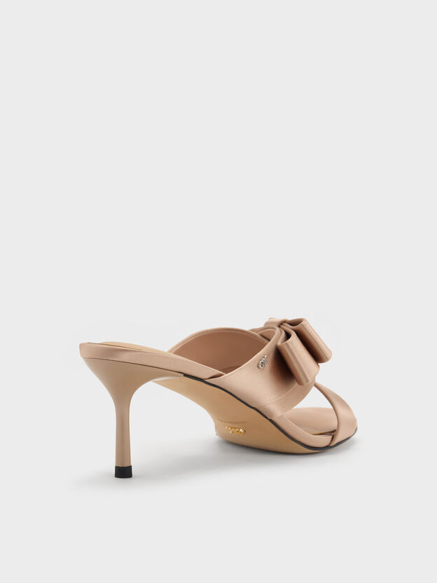 Pleated-Bow Heeled Mules, Nude, hi-res