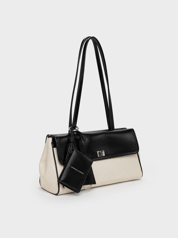 Apfra Two-Tone Quilted Elongated Shoulder Bag, Multi Cream, hi-res