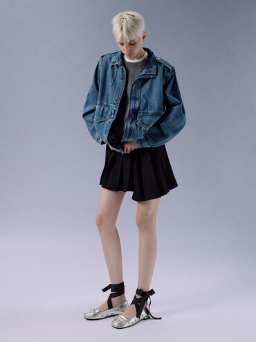 Margot Metallic Grommet Tie-Around Ballet Flats, Silver, hi-res