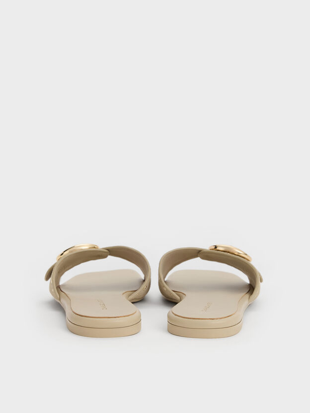 Studded Buckled Slide Sandals, Beige, hi-res