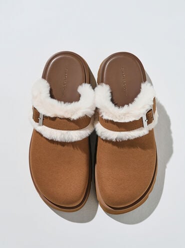 Hannah Textured Fur-Trim Buckled Mules, Brown, hi-res