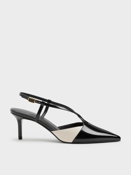 Two-Tone Pointed Slingback Pumps, Black Box, hi-res