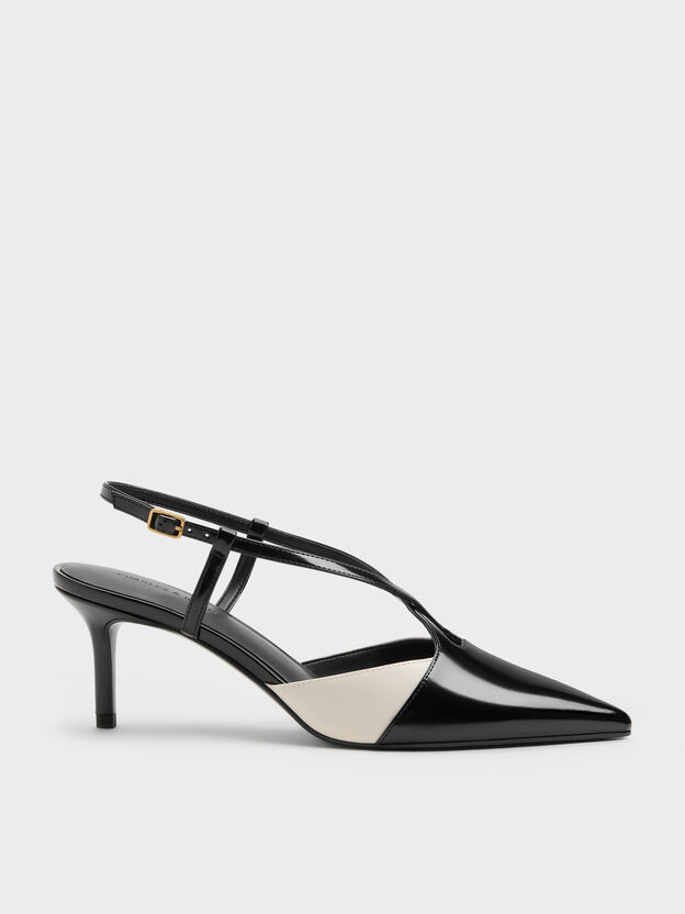 Two-Tone Pointed Slingback Pumps, Black Box, hi-res