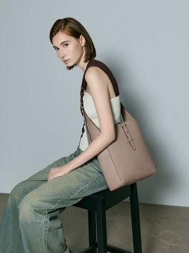 Beryl Recycled Leather Belted Hobo Bag, Taupe, hi-res