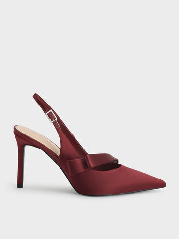 Satin Pleated-Strap Slingback Pumps, Red, hi-res
