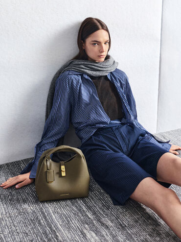 Chance Recycled Leather Turn-Lock Bucket Bag, Deep Olive, hi-res