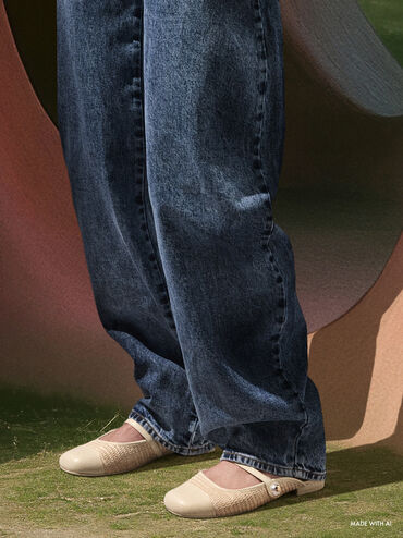 Aeryn Raffia Pearl-Embellished Slip-On Mary Janes, Cream, hi-res