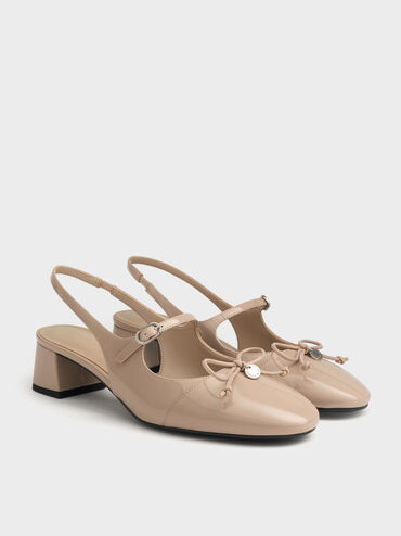 Patent Bow Slingback Pumps, Nude, hi-res
