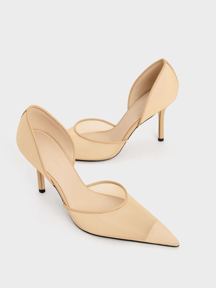Mesh Pointed-Toe D'Orsay Pumps, Nude, hi-res